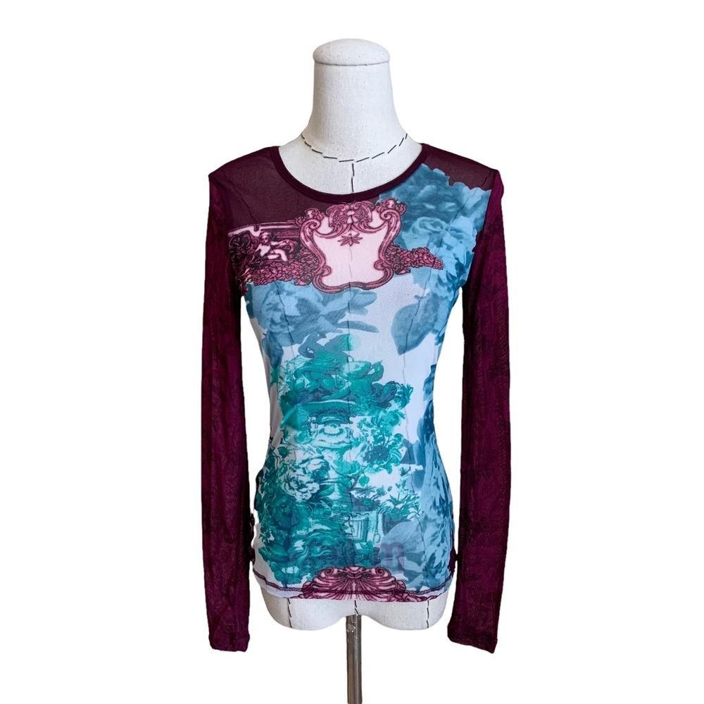 Y2k 90s Express Mesh Stretch Long Sleeve Top Angels Floral Westwood Gaultier